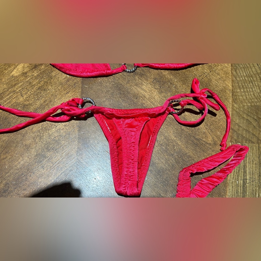 Pre-Owned Sexy Skimpy Photoshoot Worn Triangle Top Tie Side Thong Bikini & Bling - Picture 16 of 16